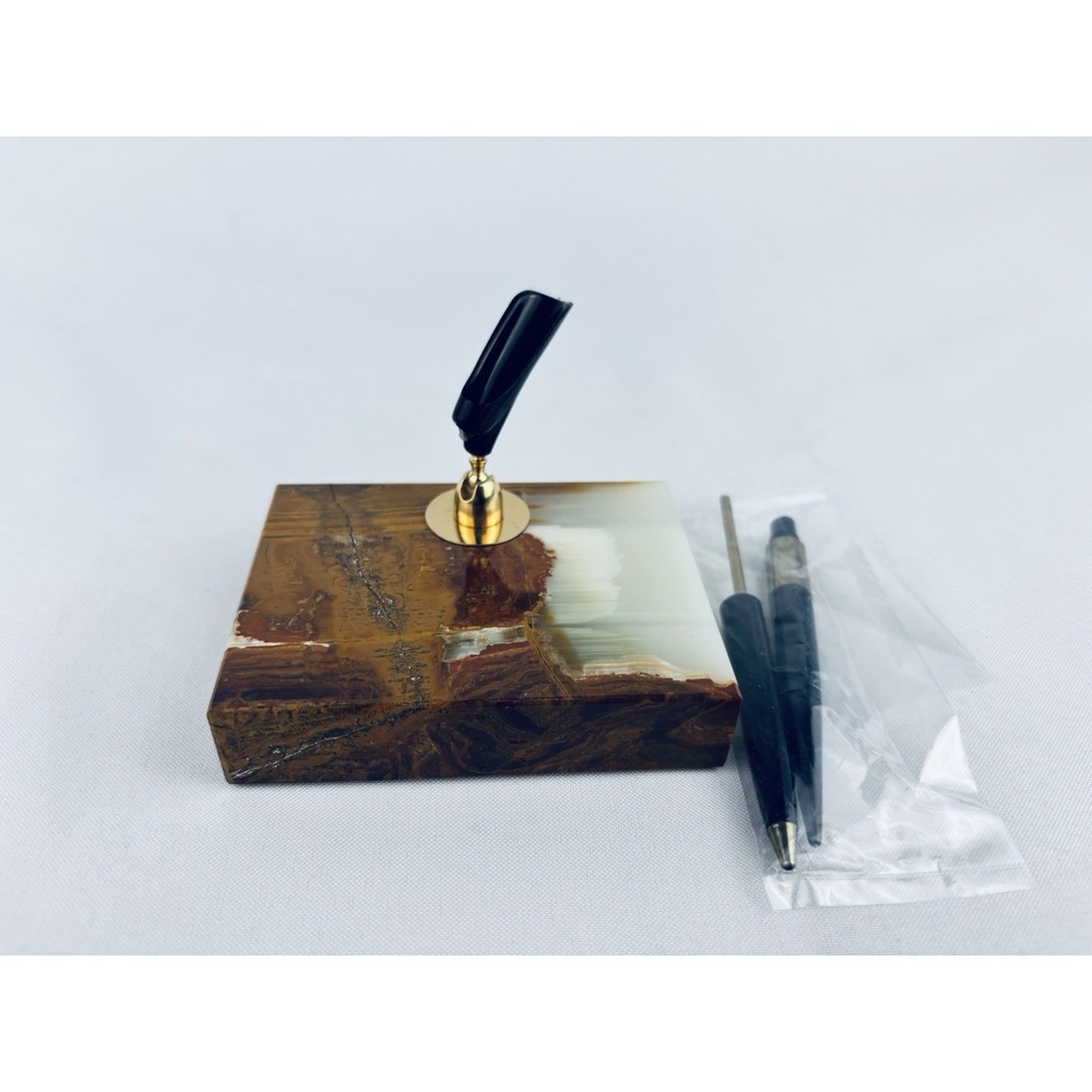 Vintage Marble Base Desktop Pen Holder Single Rectangle Felt Bottom With Pen